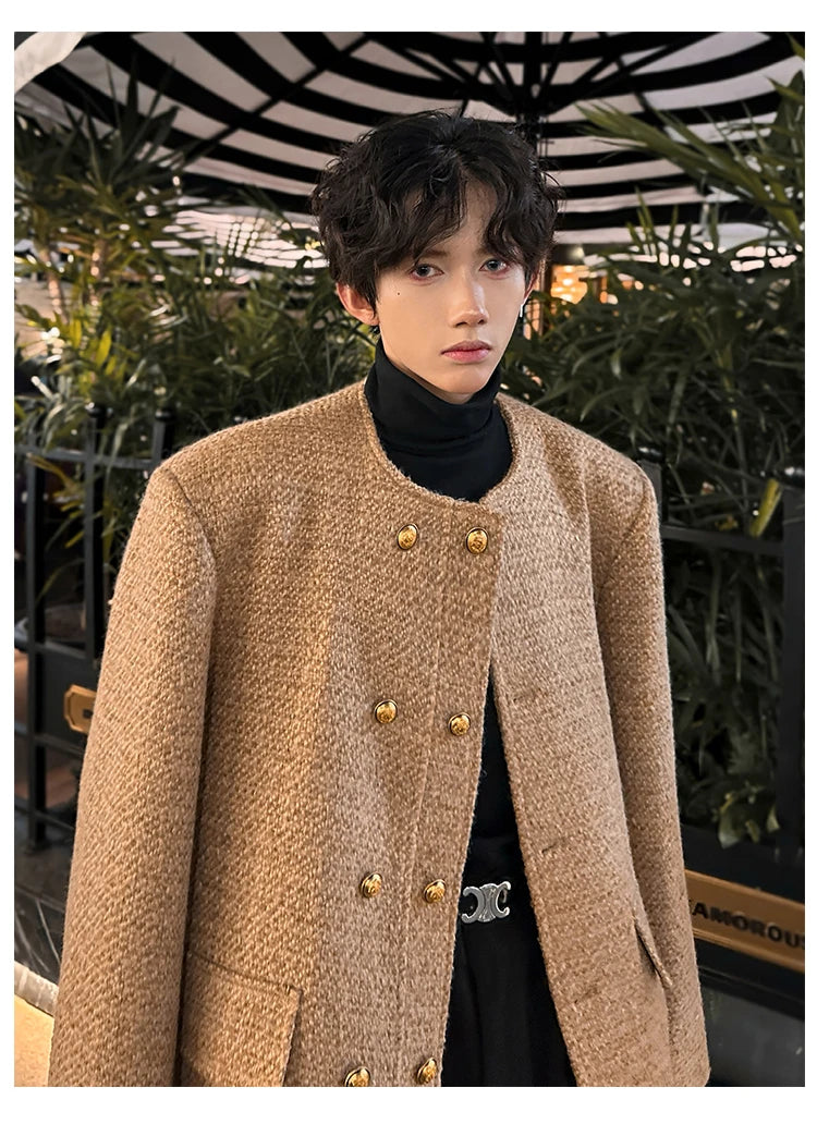 men double breasted french retro loose casual woolen short jacket man korean streetwear show fashion coat autumn outerwear unique shorts style 1308