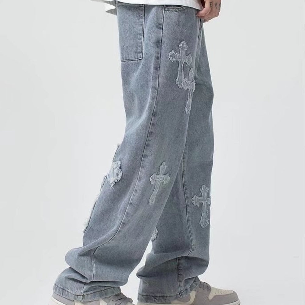 "Hearts" Streetwear Hip Hop Unisex Denim Pants Daulet Apparel