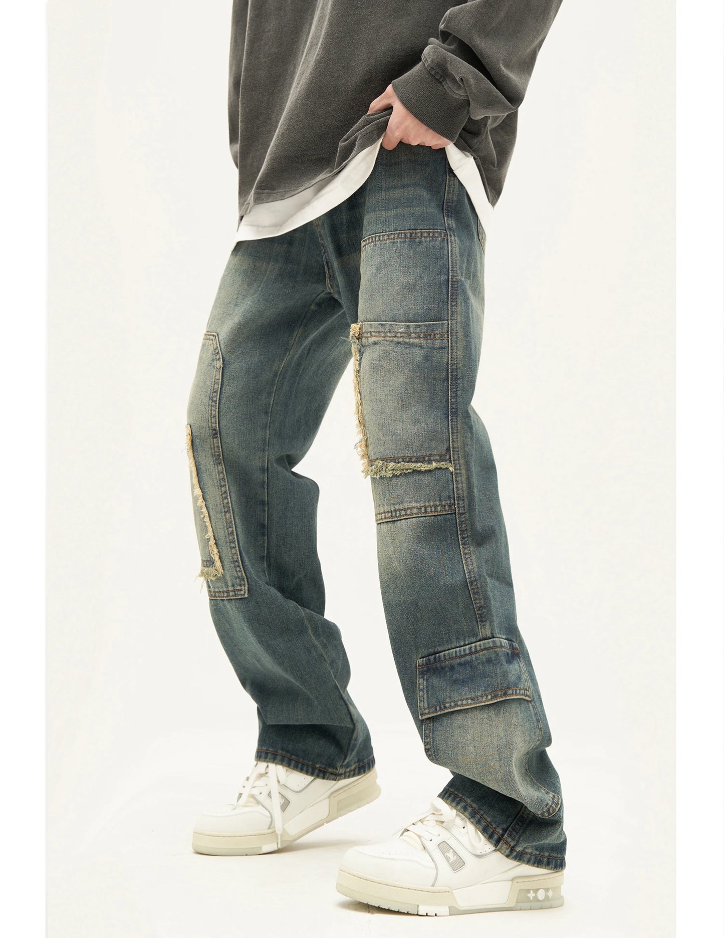 retro washed denim jeans destroyed ripped loose mens biker jeans side pocket fashion streetwear hip hop straight pants joggers unique joggers style 1201