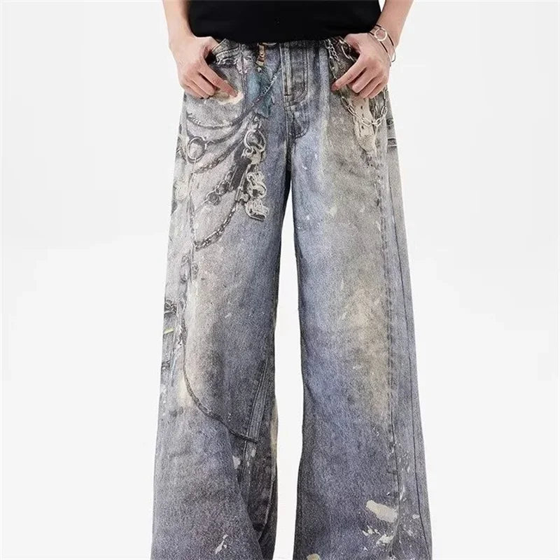 new 3d chain printed baggy jeans for men and women casual baggy straight denim pants high street wide leg y2k blue jean unique jeans style 426
