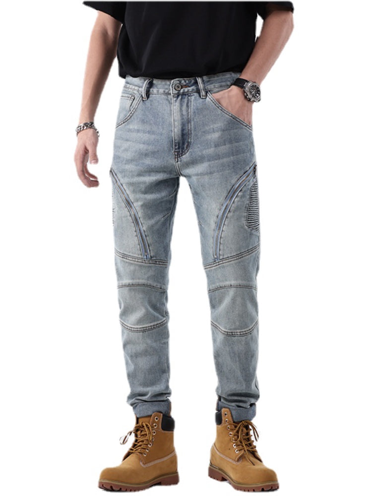 zipper hole patchwork pleated skinny denim jeans men casual slim fit biker trouser jeans fashion streetwear hip hop jean joggers unique joggers style 776