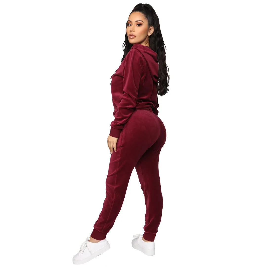 Women's Velvet Hooded Zipper Sweater Elastic Waist Trousers Two-piece Set Fashion Personality Trend Clothing Two-piece Slim Suit Street King Limited