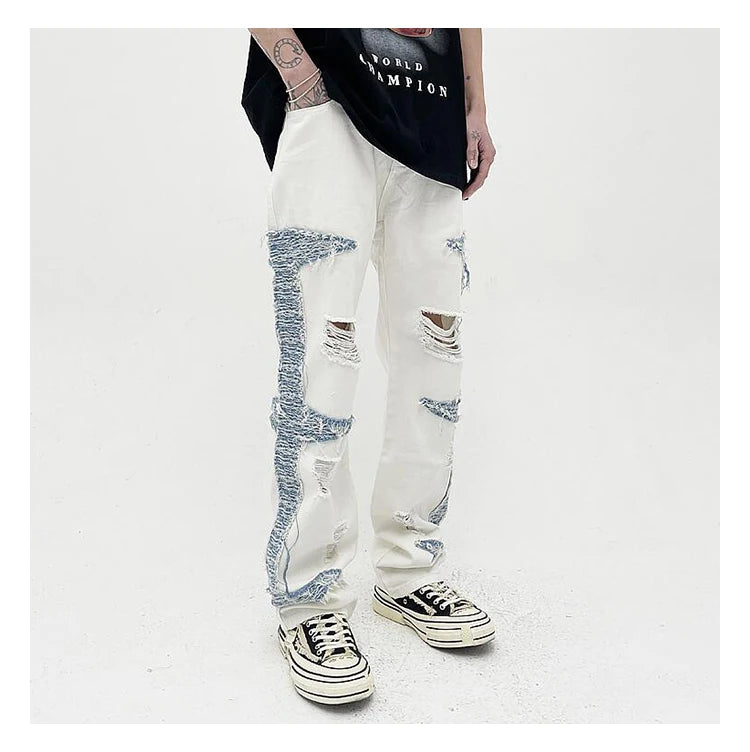 mens high street denim jean pants casual loose destroyed ripped holes straight jeans side patchwork hip hop streetwear joggers unique joggers style 1738