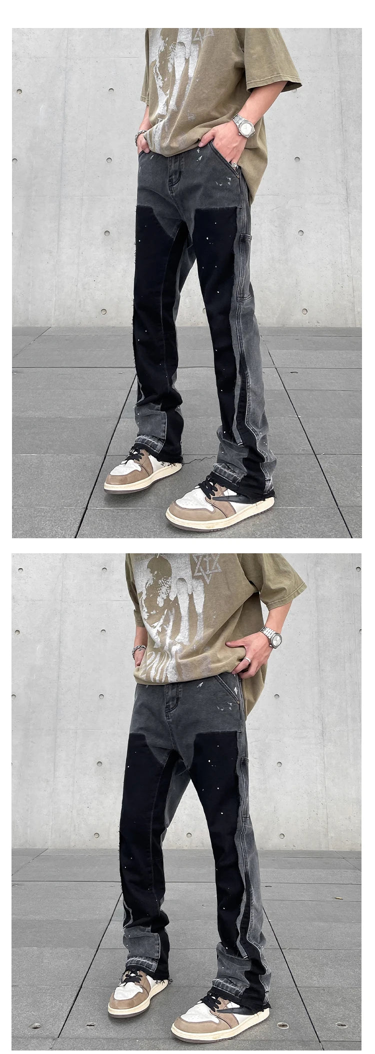 Harajuku Black Graffiti Flared Jeans Pants Patches Hip Hop Splashed Ink Wide Jeans Trousers Blue Slim Fit Washed Jeans for Men Street King Limited
