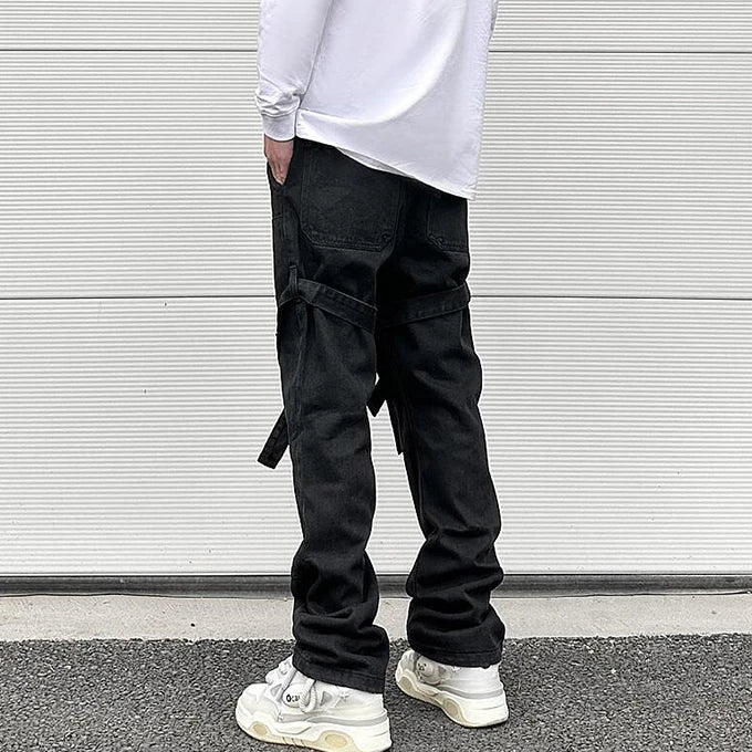 fashion knee adjust belt decoration denim jeans zipper straight jeans hip hop streetwear mens casual loose joggers jeans pants unique joggers style 1540