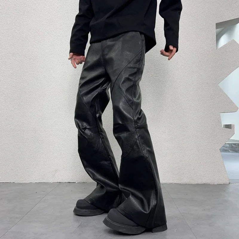 men streetwear fashion hip hop punk gothic vibe casual leather bell bottoms pant man boyfriend flared trousers unique default style 2895