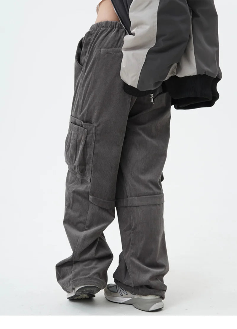 women high street corduroy pants casual elastic waist side pocket loose straight pant unisex hip hop y2k loose streetwear jogger urban active pants