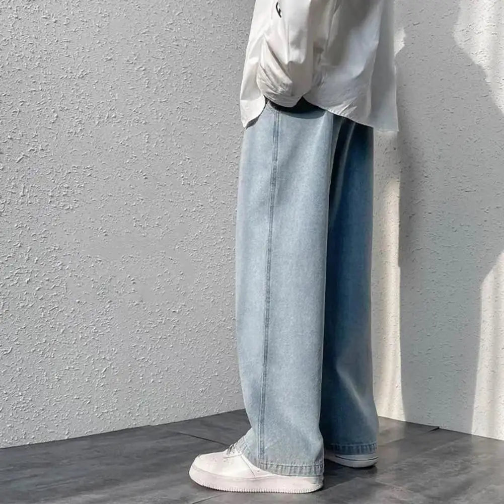 korean mens casual long jeans loose retro straight baggy pants denim wide leg pants light blue grey black retro washed jeans unique jeans style 1237