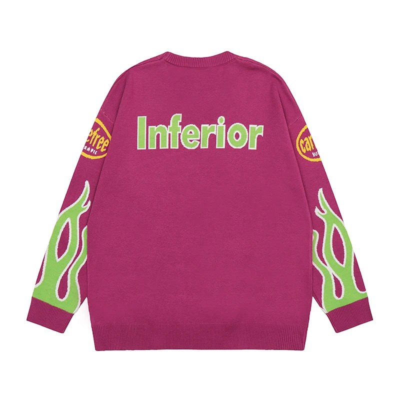 Hip Hop Knitted Sweater Men Letter Fire Pattern O-neck Pullover Streetwear Casual Loose Sweater Unisex Harajuku Jumpers Knitwear Street King Limited