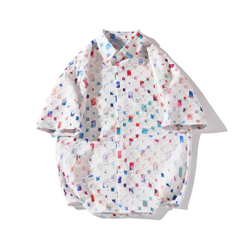 Summer Short Sleeved Shirt Men Fashion Retro Hollowed Out Shirt Men Streetwear Loose Colored Plaid Shirt Mens Large Size M-5XL Street King Limited