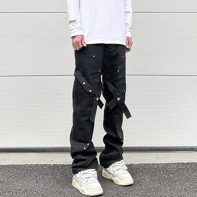 fashion knee adjust belt decoration denim jeans zipper straight jeans hip hop streetwear mens casual loose joggers jeans pants unique joggers style 1542