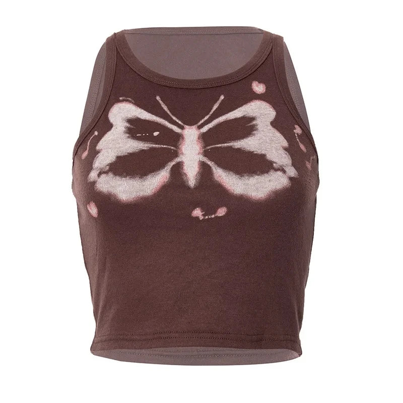 Top women Y2K Aesthetics Butterfly Print Brown Crop Tops Indie Streetwear O-neck Sleeveless Tank Tops 90s Fashion Summer Vests Street King Limited