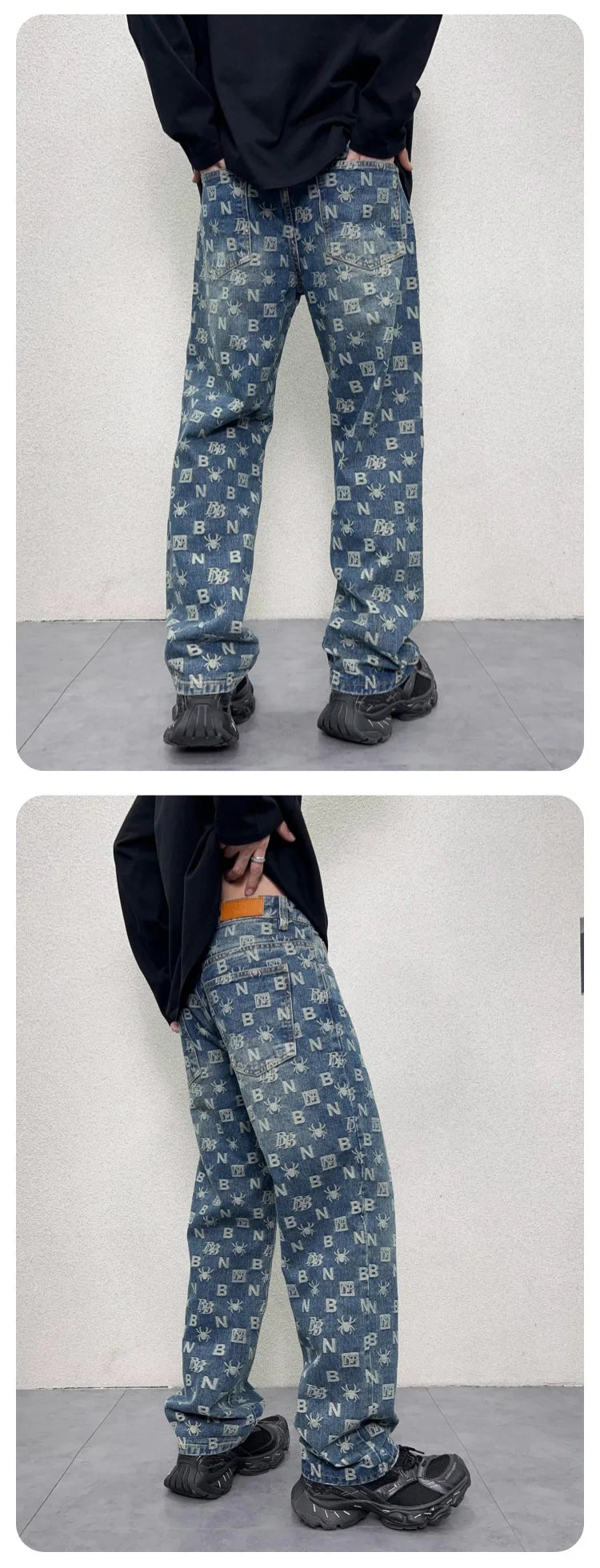 men jacquard streetwear hip hop vibe casual straight denim jeans pants boyfriend high street ripped jeans trousers unique jeans style 3014