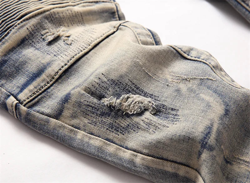distressed washed pleated denim jean pants new fashion biker jeans streetwear casual slim pants jogger y2k mens skinny joggers unique joggers style 3141