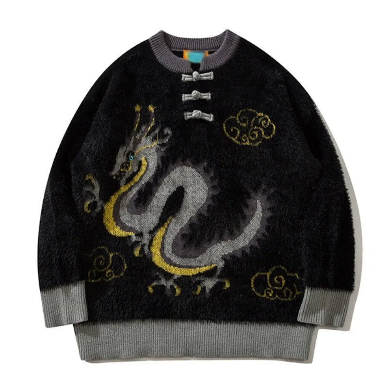 Hip Hop Knitted Sweater Unisex New Year Chinese Tie Dragon Pattern Pullover Streetwear Casual Loose Sweater Warm Jumper Knitwear Street King Limited