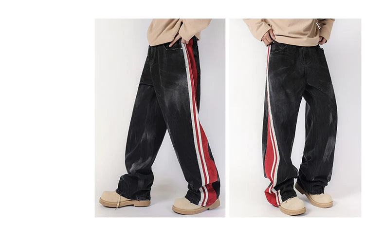 men streetwear fashion side splice hip hop loose casual wide leg straight baggy jeans pant cityboy jeans pants trousers unique jeans style 2507
