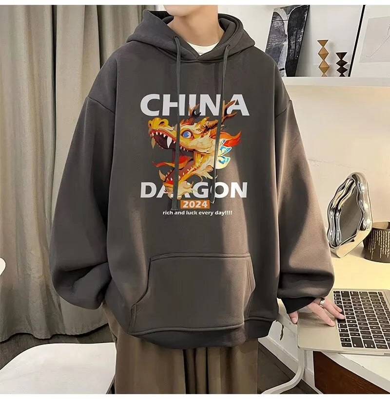 2024 New China Dragon Graphic Hoodies Men Hip Hop Streetwear Hoodie Sweatshirt Harajuku Fleece Printed Pullover Hoody Clothes Street King Limited