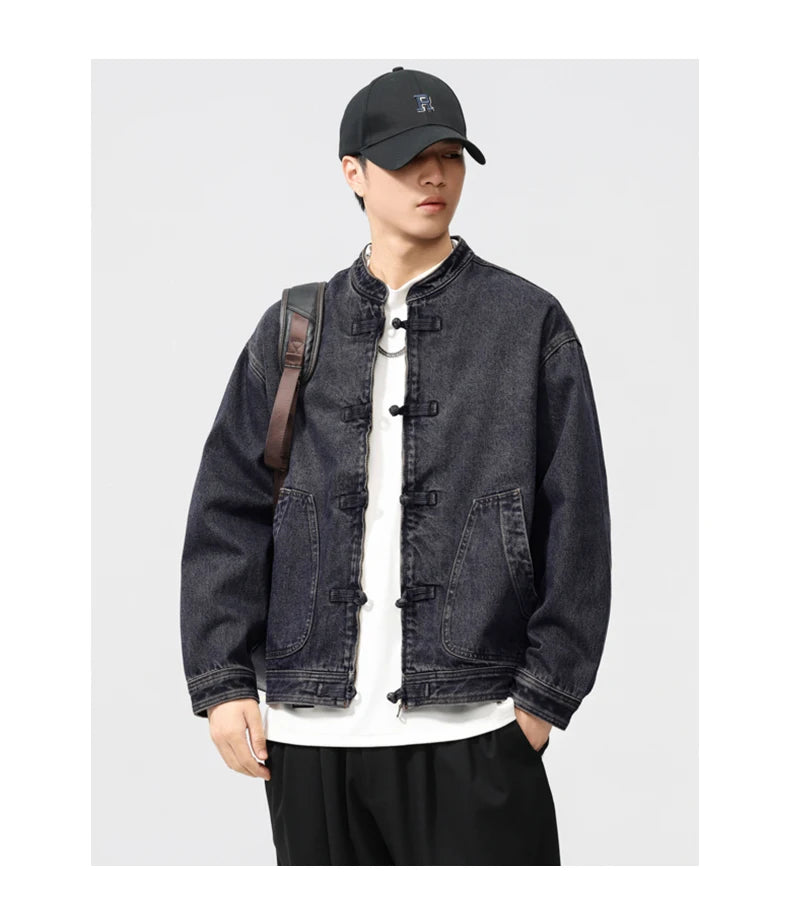 men spring autumn streetwear fashion retro loose casual plus size stand collar denim jacket man jeans coat outerwear unique jeans style 905