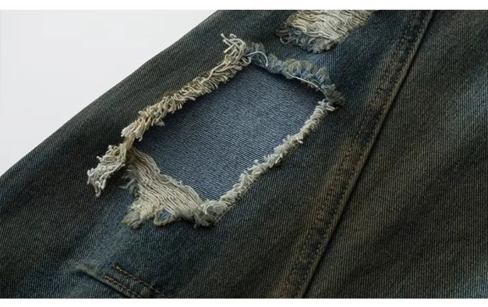 Summer High Street Hip Hop Jeans Mens Halo Dye Hole Washed Straight Denim Pants Loose Silhouette Retro Micro Flared Trousers Street King Limited