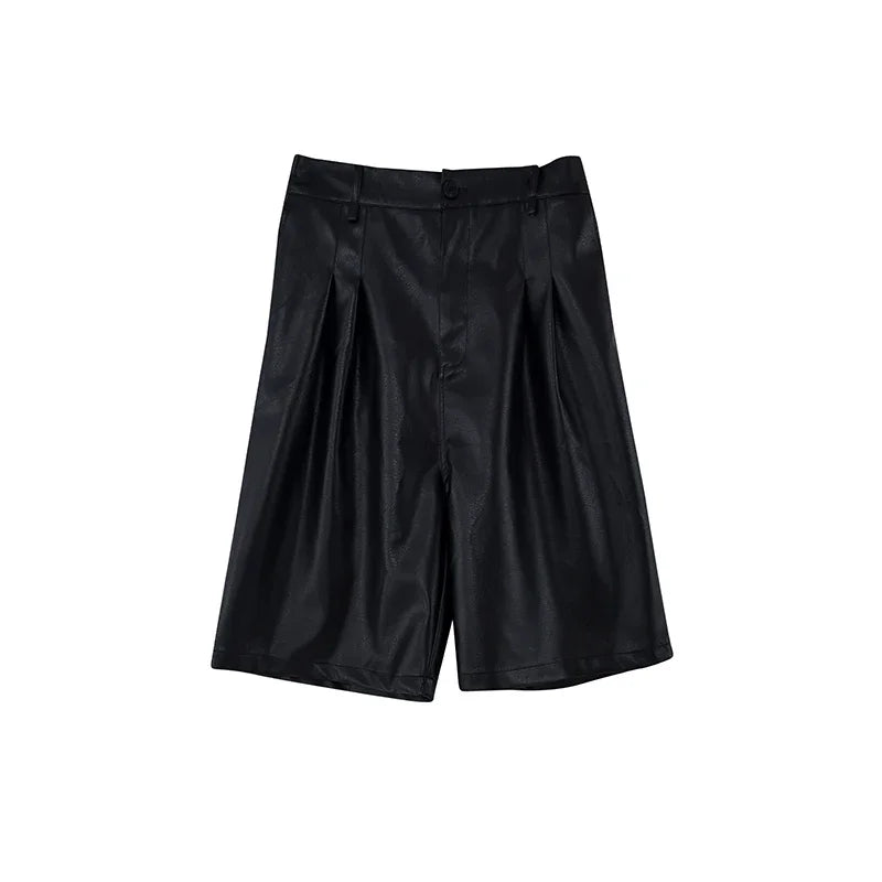 men japanses korean streetwear fashion hip hop loose casual dark black wide leg leather shorts male short pant unique shorts style 919