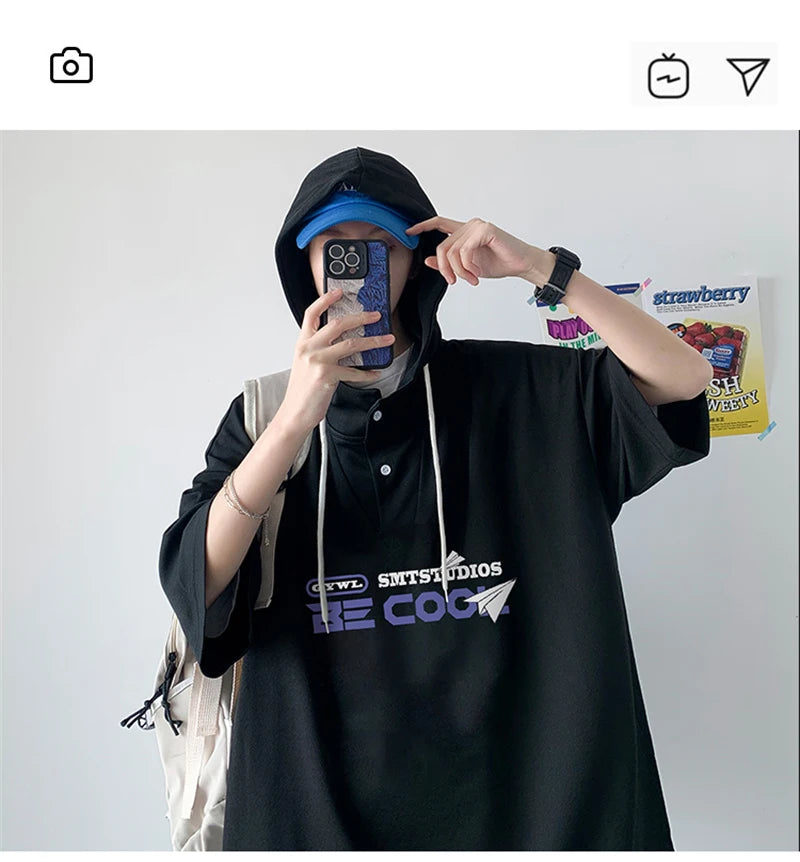 New Men's Casual Hooded Y2K T-Shirt Summer Short Sleeve Letter Printed T Shirts Hombre Oversized Hip Hop Fashion Gym Tee Tops Street King Limited