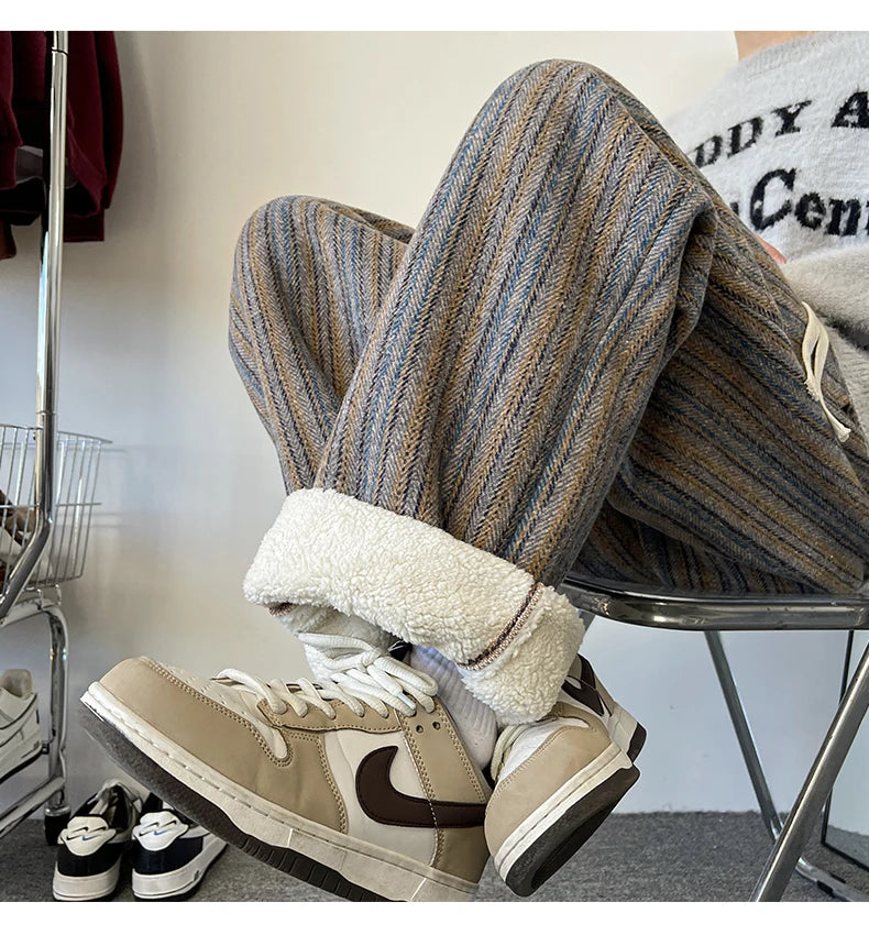 high quality stripe plaid mens trousers baggy straight fashion classic padded autumn winter casual pants male plus size m 8xl unique default style 1153