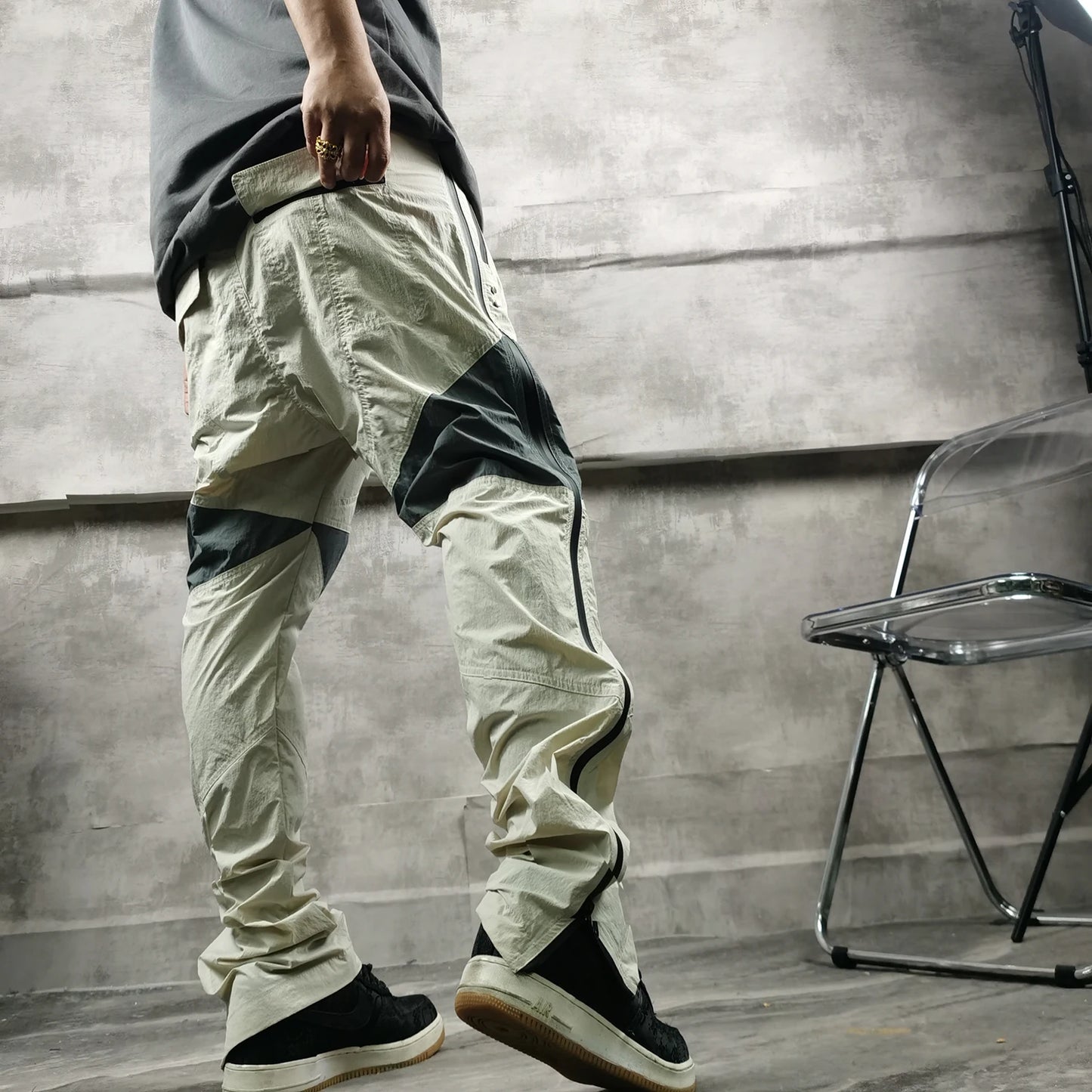 three dimensional adhesive zipper splicing functional patchwork cargo trousers mens high street vibe thin nylon cargo pants military streetwear pants
