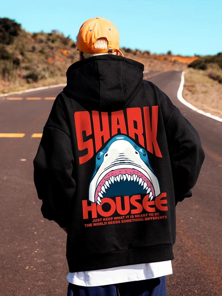 New in Anime Shark Graphic Printed Hooded Sweatshirts Men Hip Hop Fashion Pullover Hoodies Y2K Streetwear Loose Fleece Hoody Street King Limited