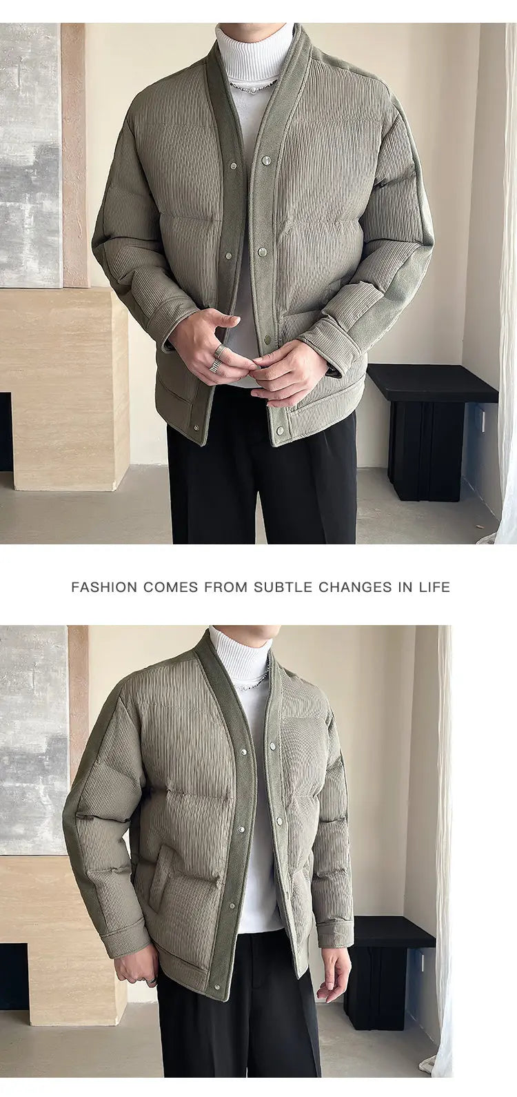 Men's Winter Collarless Woolen Splice Cotton-padded Jacket Men Business Casual Fashion Loose Warm Parkas Coat Thicken Jacket Street King Limited
