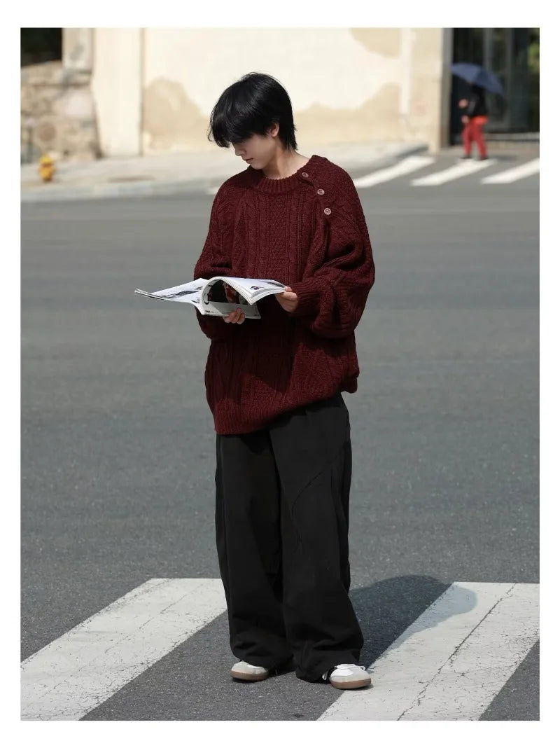 Thicken Japanese Retro Sweater Mens 2024 New College Couples Casual Warm Round Neck Pullover Red Simplicity Knitted Jacket Street King Limited