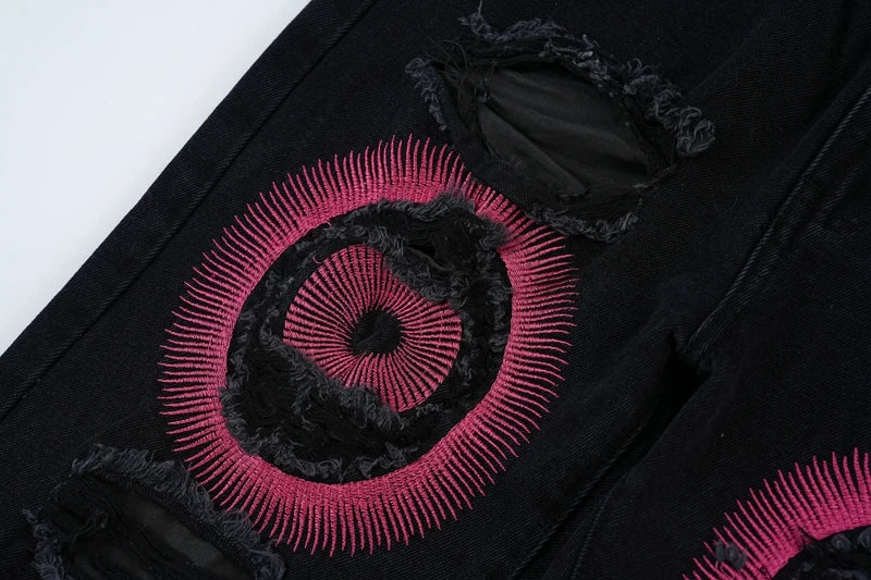 y2k streetwear embroidered ripped wide jeans for men washed destroyed torn flared jean male tassels hip hop jeans pants baggy unique jeans style 5176