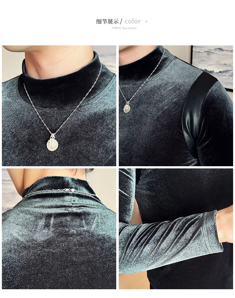 Turtleneck Stretch Slim-fit T-shirt Men Long Sleeve Thicken Elastic Velvet Retro Fashion Casual Tshirt Handsome Man T Shirts Street King Limited