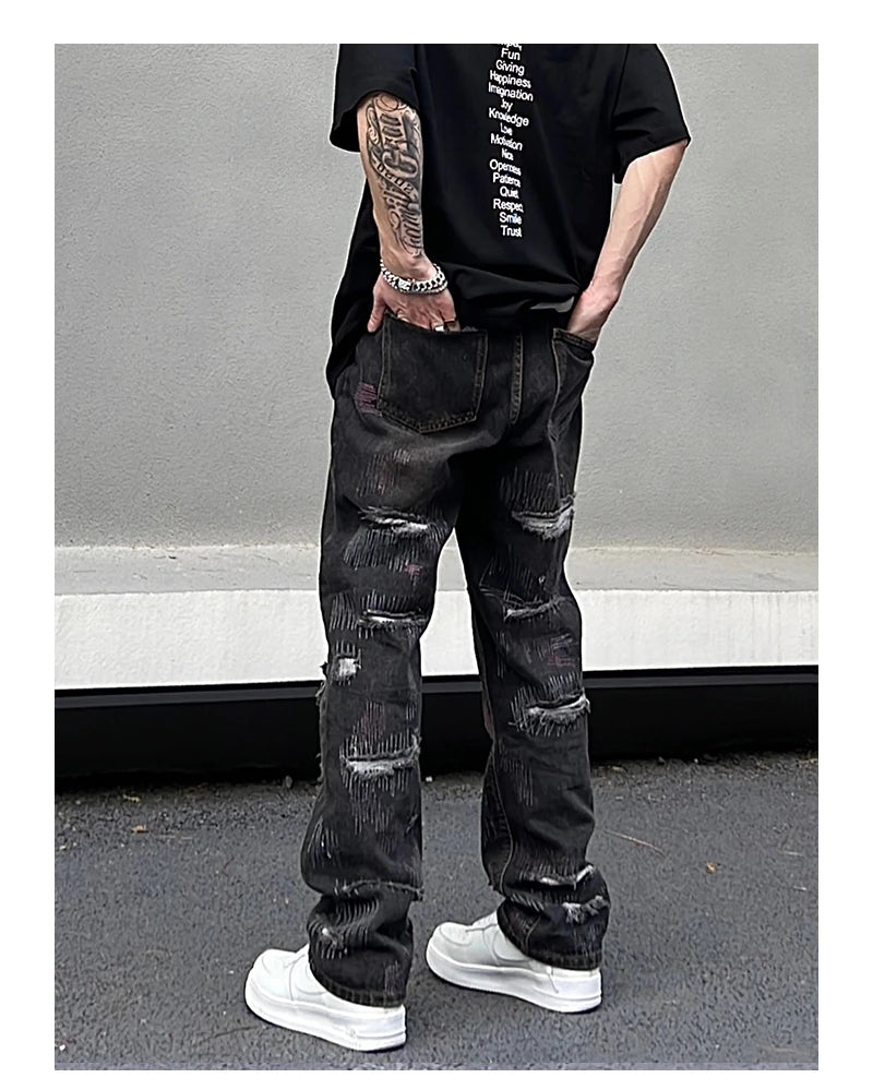 harajuku irregular scratched ripped holes denim jeans men zipper jeans hip hop streetwear new casual straight joggers jean pants unique joggers style 2943