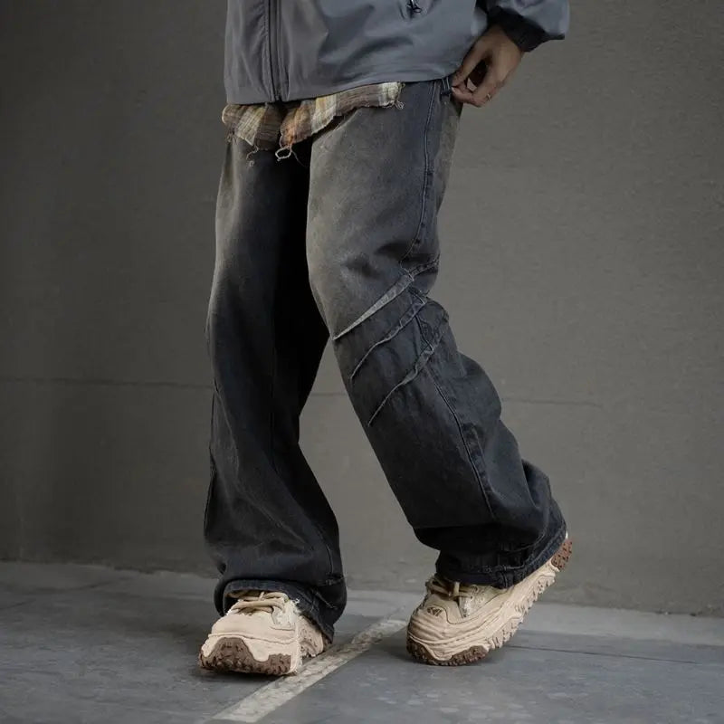 hip hop american trend retro straight leg washed denim jeans spring and autumn high street couple loose wide leg casual pants ripped baggy denim
