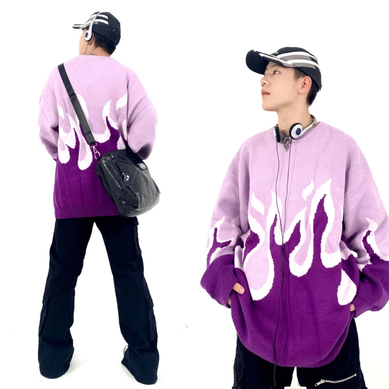 Hip Hop Fire Knitted Oversized Sweater Men Autumn Winter O-neck Long Sleeve Pullover Streetwear New Loose Tops Sweaters Clothing Street King Limited