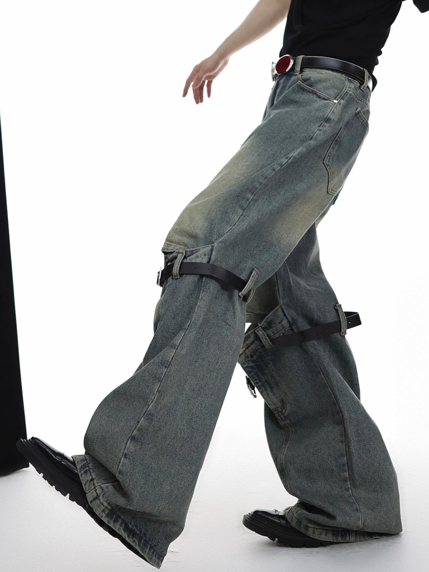 mens knee patchwork belts denim jeans unisex hip hop fashion streetwear harajuku loose flare straight y2k jean pants joggers unique joggers style 3281