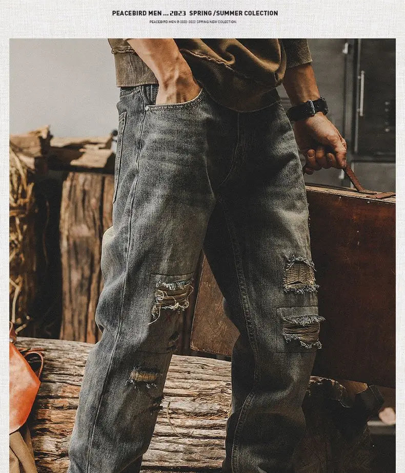 american high street personalized hip hop washed straight leg jeans for men and women loose and handsome trendy casual pants y2k unique jeans style 679