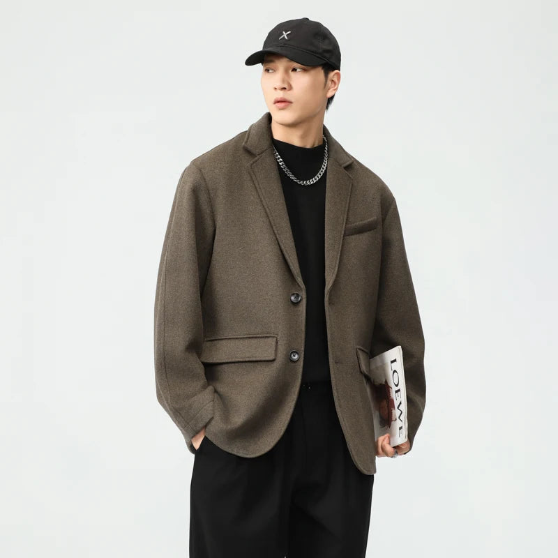autumn winter men business casual fashion retro woolen thick blazer jacket korean streetwear plus size suit coat outerwear minimalist street pants