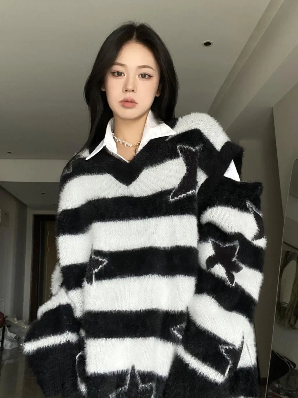 Punk Gothic Long Sweater Women Furry Knitted Sweaters Y2K Streetwear Loose Hollow Out Detachable Pullovers Harajuku Sexy Tops Street King Limited