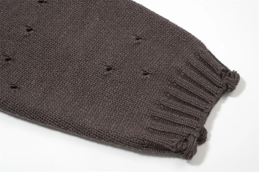 Undermycar 2023 New High Street Fashion Brand Worn Out Hole Large Loose Round Neck Sweater Brown Street King Limited
