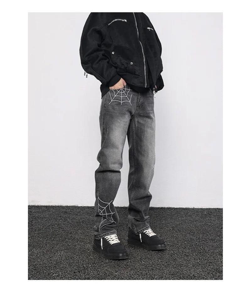 mens hip hop streetwear denim pants cobweb embroidery denim pants 2023 harajuku zipper cotton joggers jeans trousers harem pants unique joggers style 922
