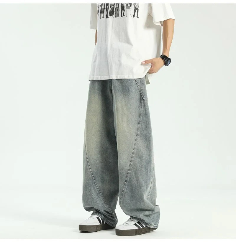 new vintage men s patchwork baggy jeans draped straight leg denim trousers autumn korean fashion high street casual y2k jean unique jeans style 531