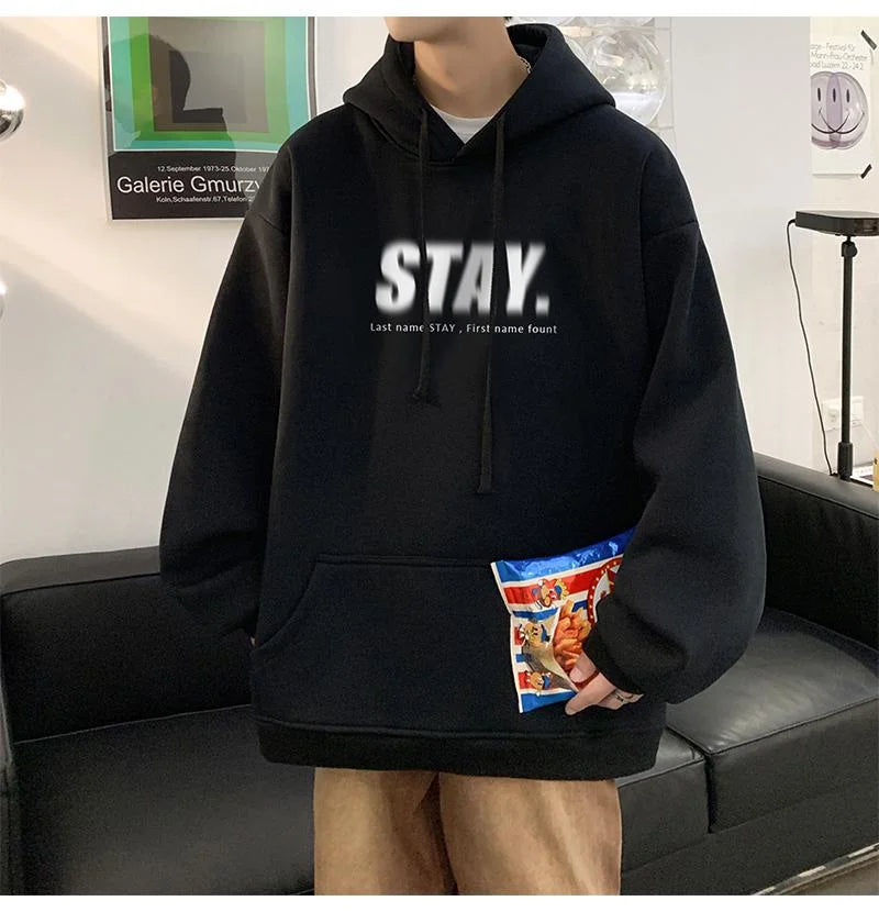 New in Letter STAY Print Sweatshirts Men Casual Vintage Fleece Pullovers Hoodies Autumn Y2K Streetwear Baggy Hoody Clothes Street King Limited