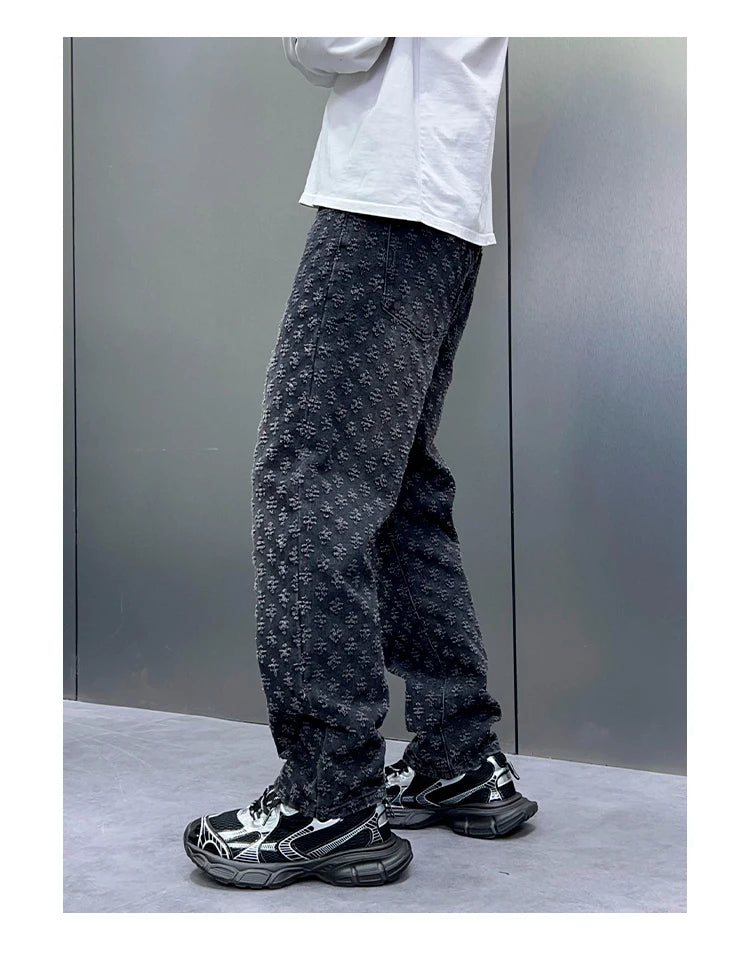 Men Wide Leg Denim Pants High Street American Retro Jacquard Loose Straight Jeans Y2K Fashion Streetwear Baggy Trousers Street King Limited