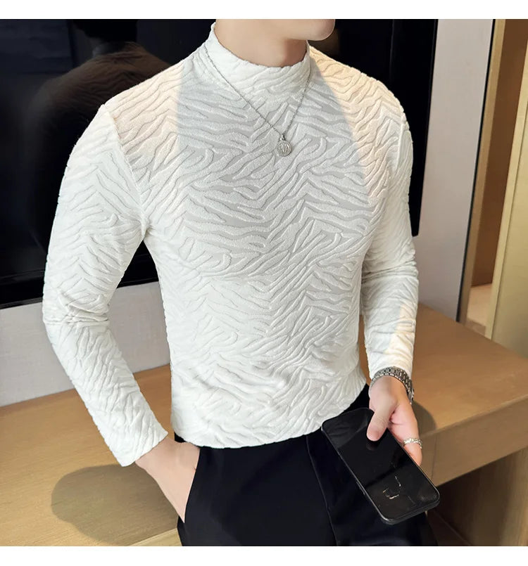 Semi-turtleneck Stretch Slim Fit T Shirt Men Long Sleeve Thicken Velvet Tiger-pattern Bottom T-shirt Business Casual Tshirt Street King Limited