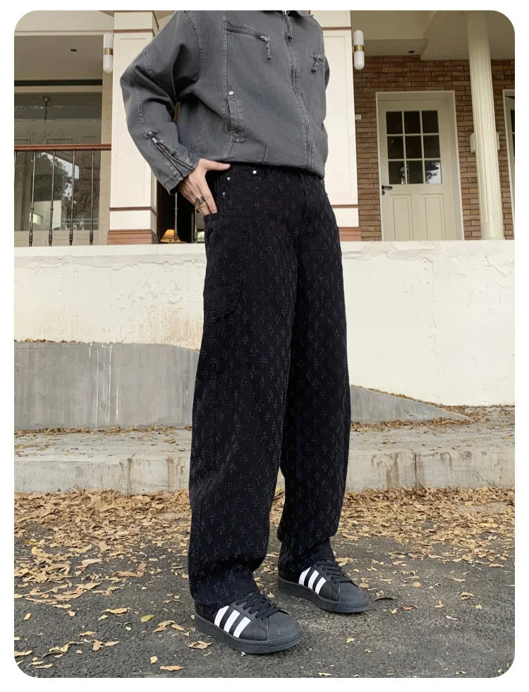men brand fashion wash jacquard denim splice pocket loose casual wide leg baggy jeans cityboy cargo jeans pants trousers unique cargo style 2439