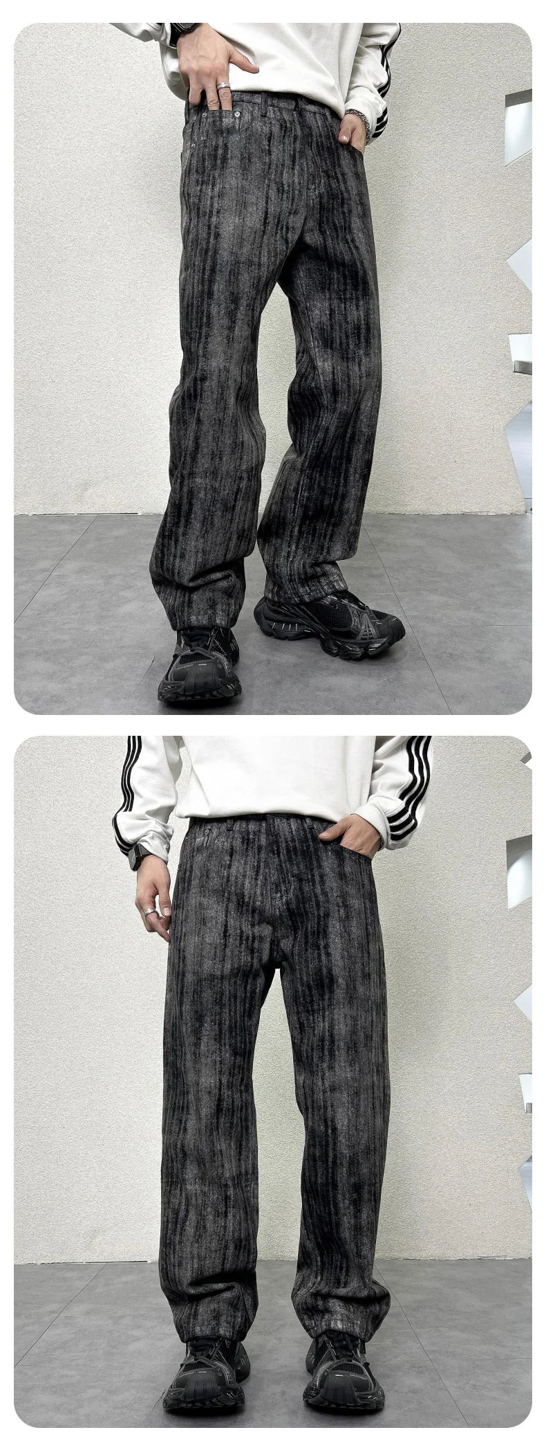 mens streetwear fashion hip hop vibe casual retro tie dyed denim pant jeans cityboy black gray straight jeans trousers unique jeans style 2957
