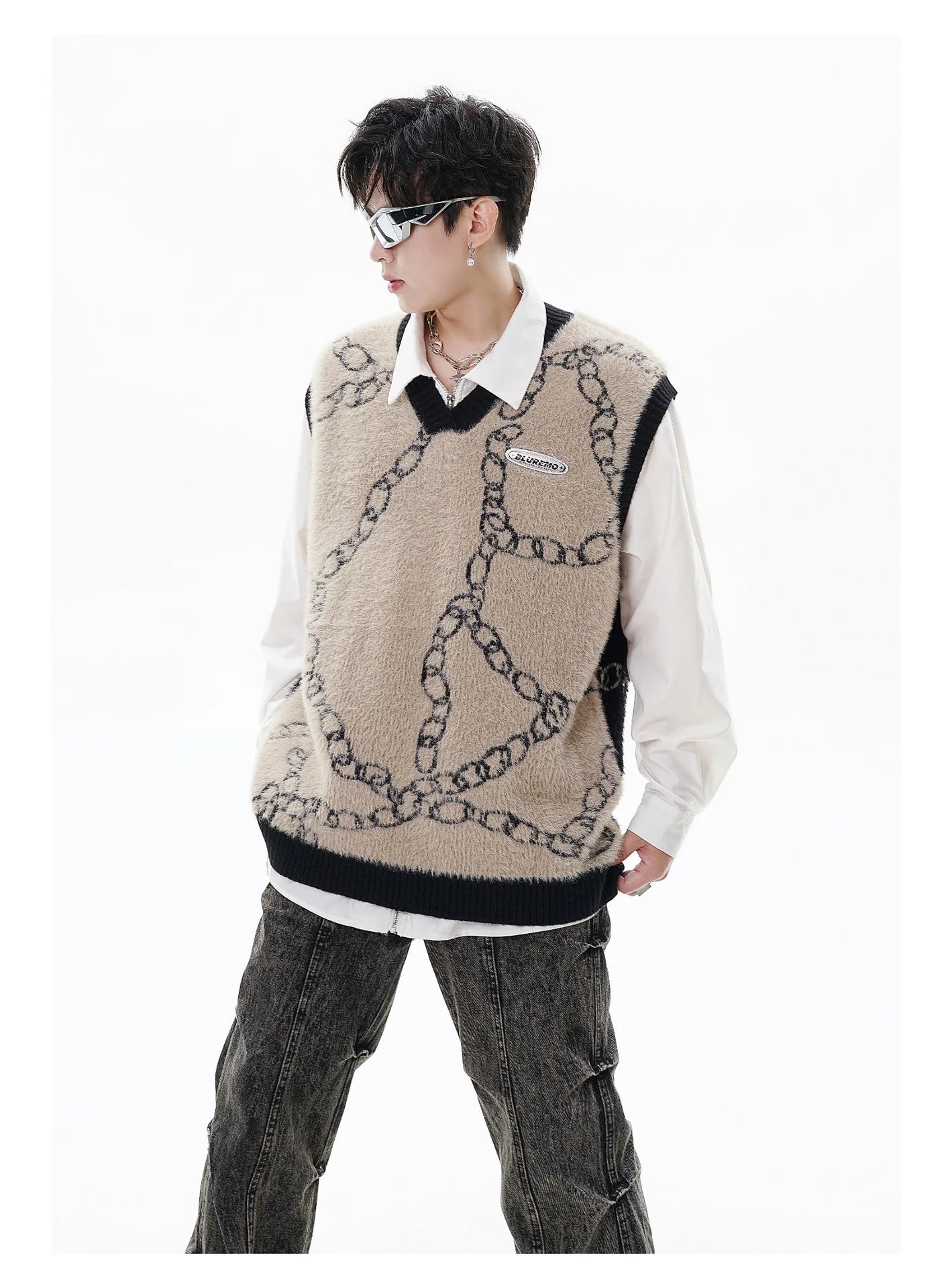 High Street Harajuku Imitation Mink Hair Knitted Vest Chain Color Block V-neck Pullover Sweater Vest Oversized Knitwear Trendy Street King Limited