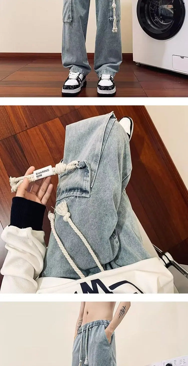 american retro and personalized straight leg jeans for men and women with hiphop big pocket design work pants loose casual pants unique jeans style 756