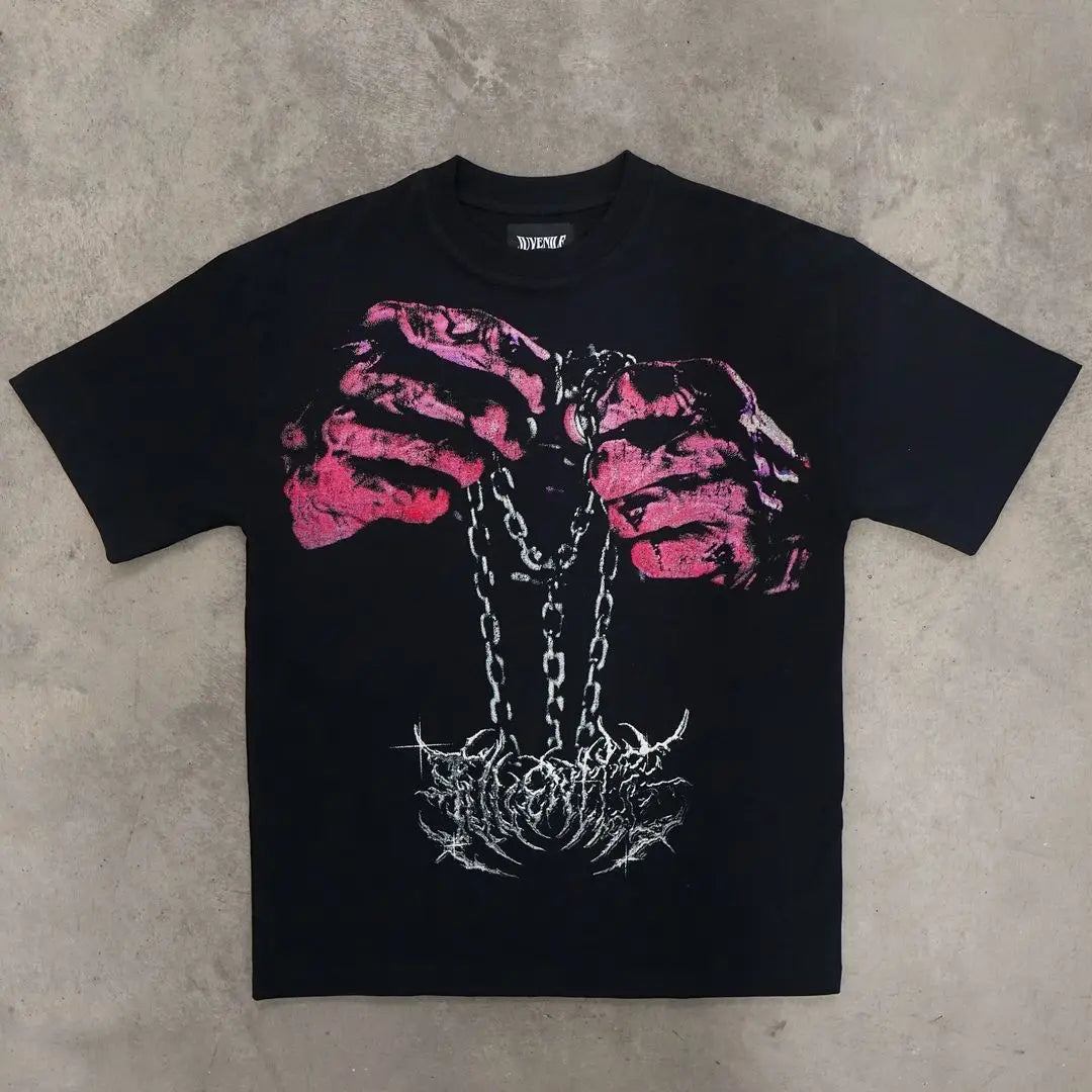 Trendy Brand Rock Punk Streetwear Y2K Harajuku Gothic Retro Pattern Printed Oversized T-shirt Men American Hip-hop Casual Tops Street King Limited